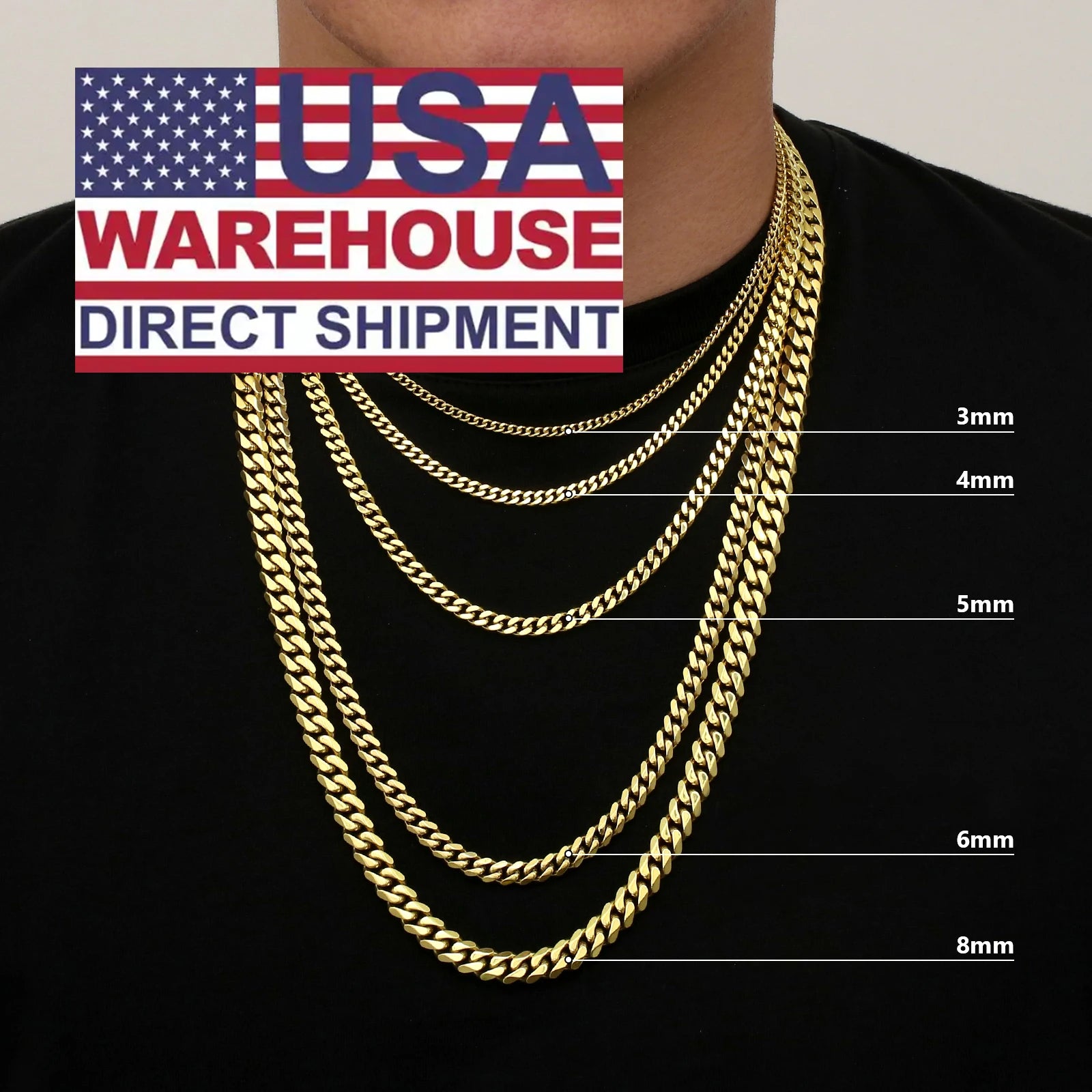 USA Real 14K Gold Filled Chain Anti Tarnish Jewelry Stainless Steel 3mm 5mm 8mm Miami Cuban Link Curb Necklace for Men Women